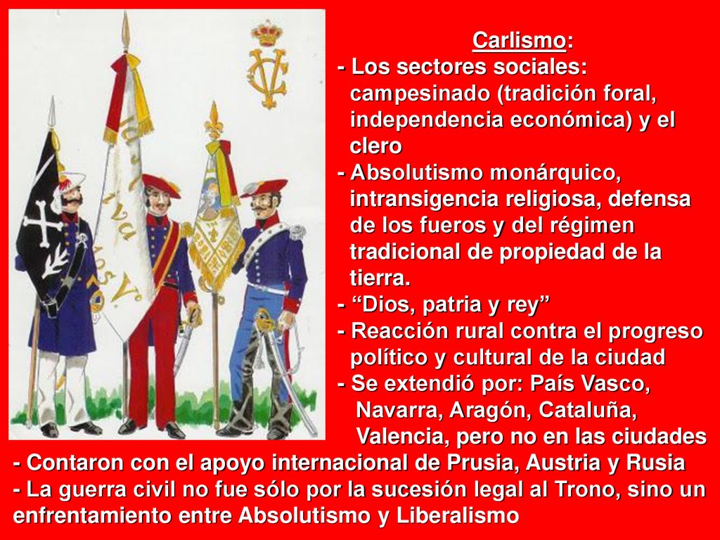Carlismo: - Los sectores sociales: campesinado (tradición foral, independencia económica) y el. clero.