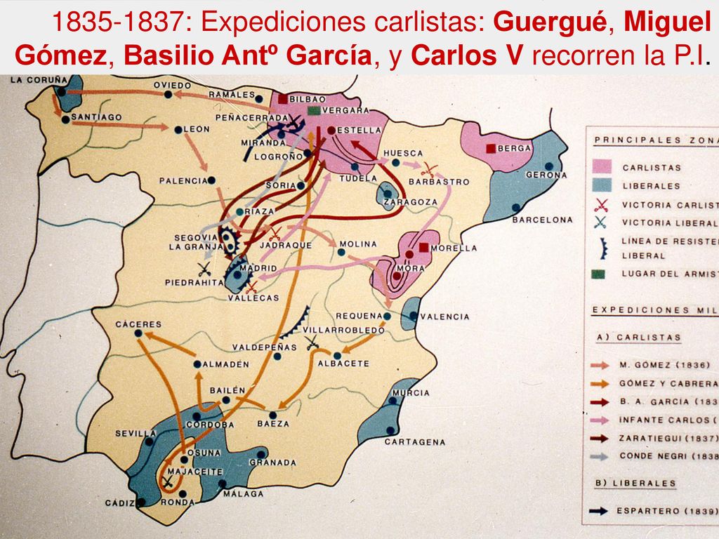 : Expediciones carlistas: Guergué, Miguel Gómez, Basilio Antº García, y Carlos V recorren la P.I.