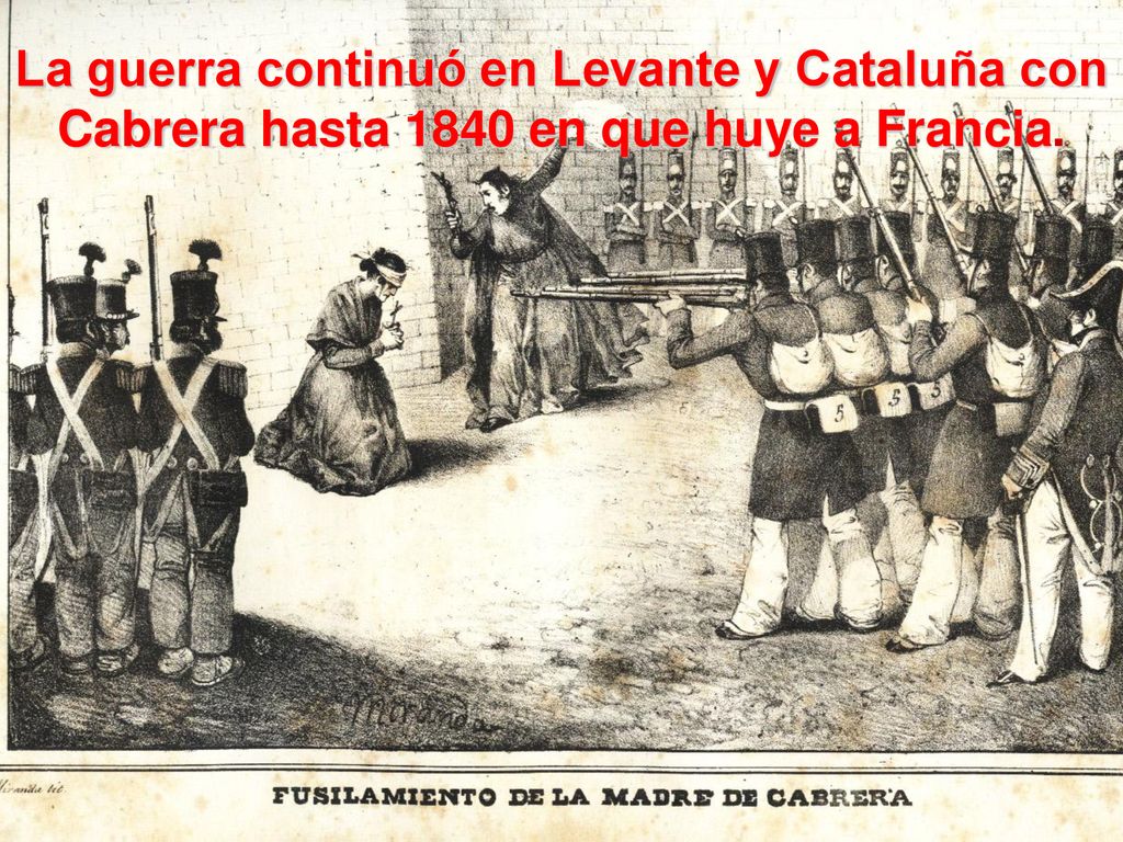 La guerra continuó en Levante y Cataluña con Cabrera hasta 1840 en que huye a Francia.