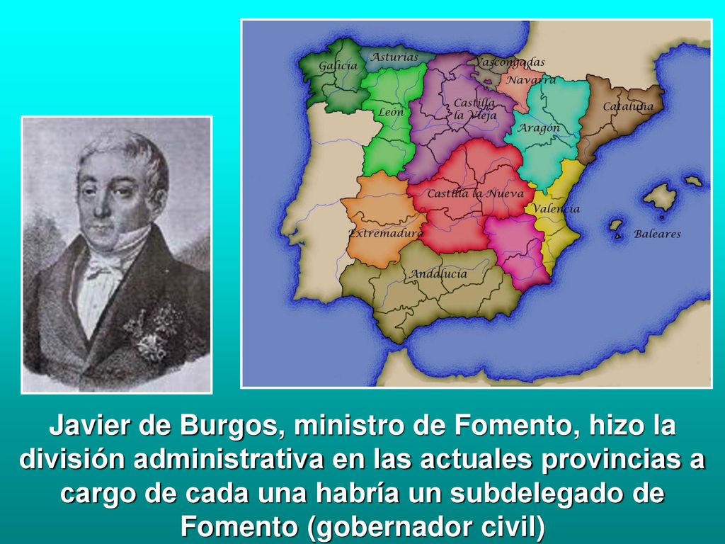 Javier de Burgos, ministro de Fomento, hizo la división administrativa en las actuales provincias a cargo de cada una habría un subdelegado de Fomento (gobernador civil)