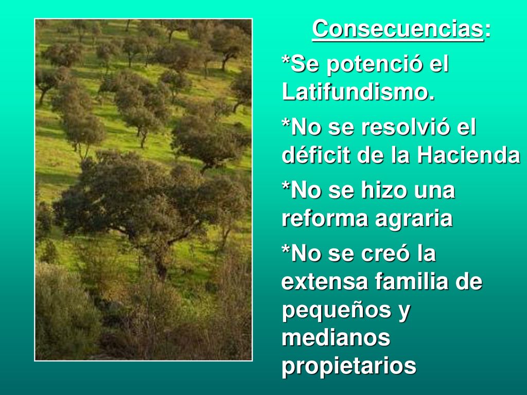 Consecuencias: *Se potenció el Latifundismo. *No se resolvió el déficit de la Hacienda. *No se hizo una reforma agraria.
