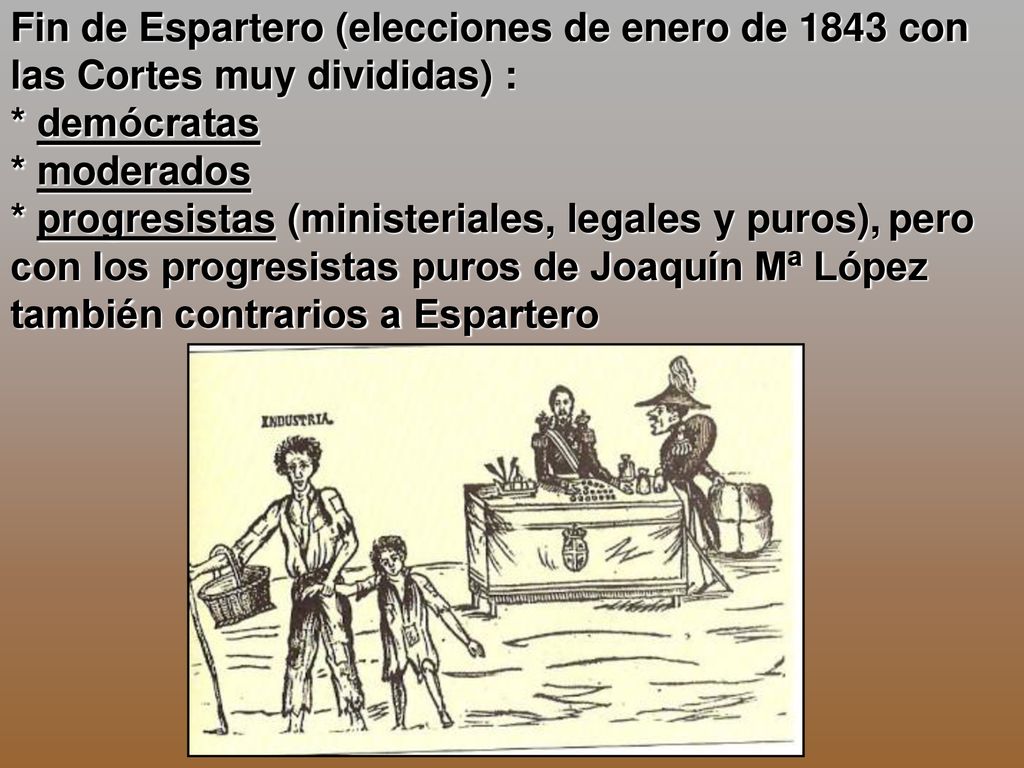Fin de Espartero (elecciones de enero de 1843 con las Cortes muy divididas) : * demócratas * moderados * progresistas (ministeriales, legales y puros), pero con los progresistas puros de Joaquín Mª López también contrarios a Espartero