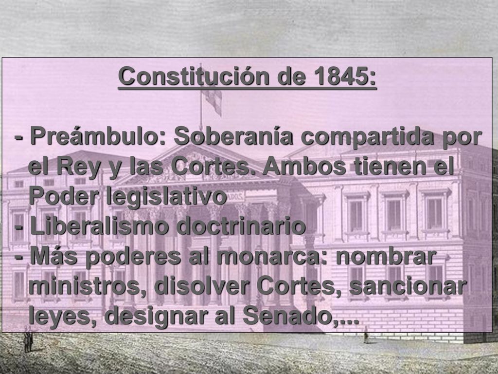 Constitución de 1845: - Preámbulo: Soberanía compartida por. el Rey y las Cortes. Ambos tienen el.