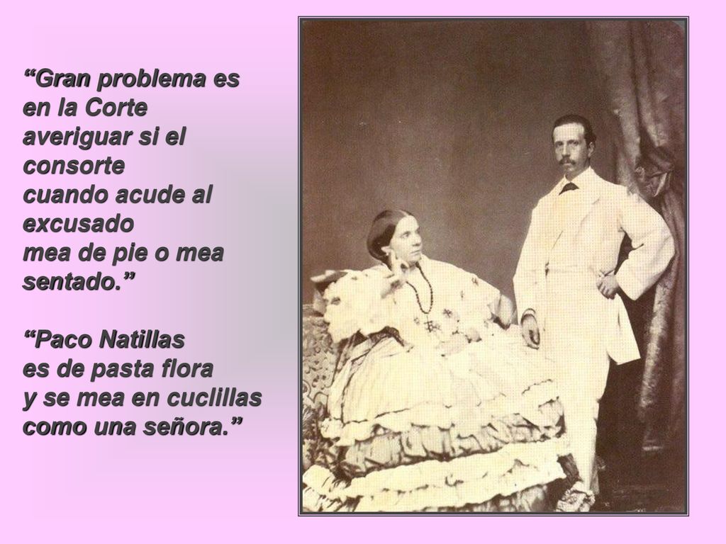 Gran problema es en la Corte averiguar si el consorte cuando acude al excusado mea de pie o mea sentado. Paco Natillas es de pasta flora y se mea en cuclillas como una señora.