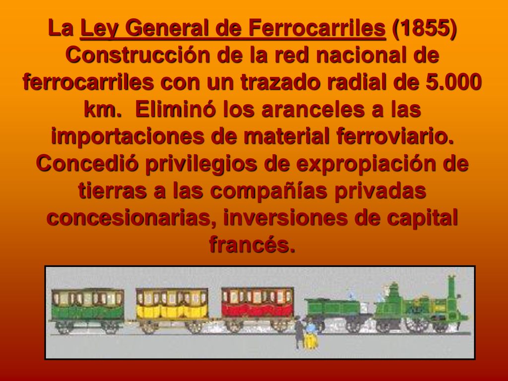 La Ley General de Ferrocarriles (1855) Construcción de la red nacional de ferrocarriles con un trazado radial de km.