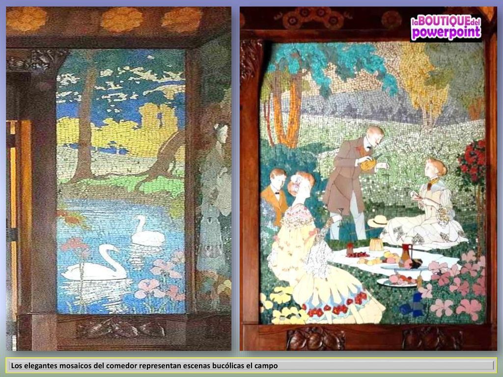 Los elegantes mosaicos del comedor representan escenas bucólicas el campo