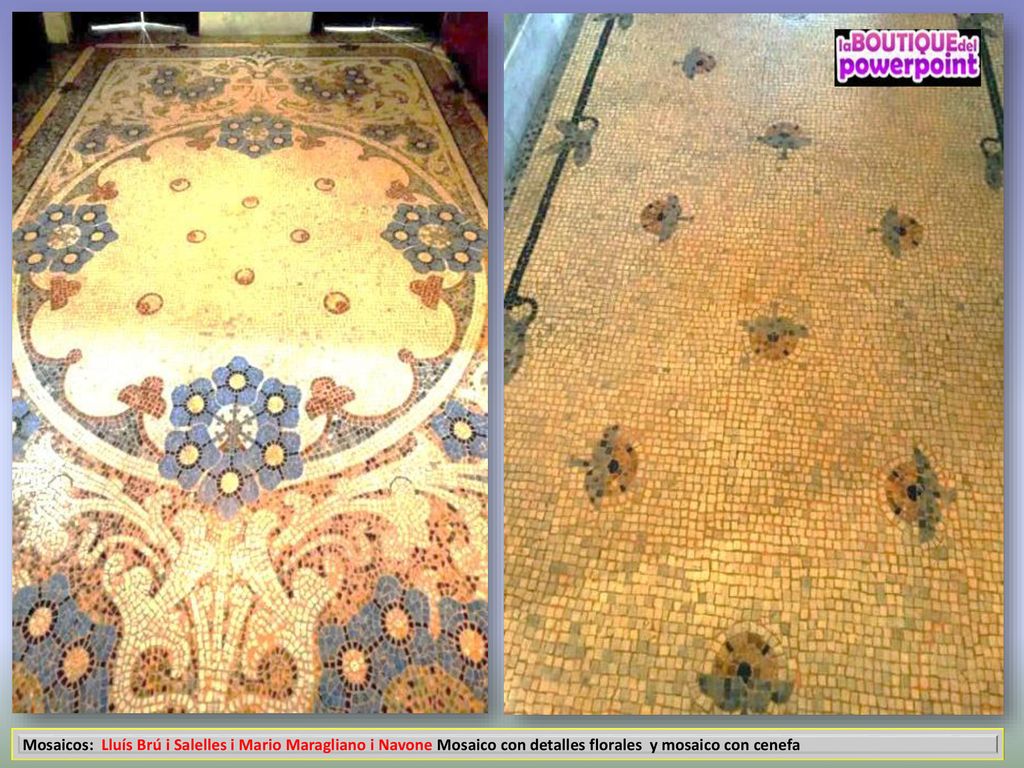 Mosaicos: Lluís Brú i Salelles i Mario Maragliano i Navone Mosaico con detalles florales y mosaico con cenefa