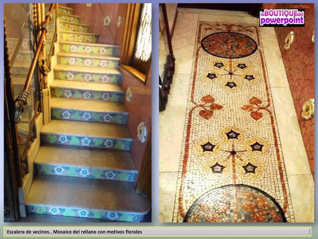 Escalera de vecinos.. Mosaico del rellano con motivos florales
