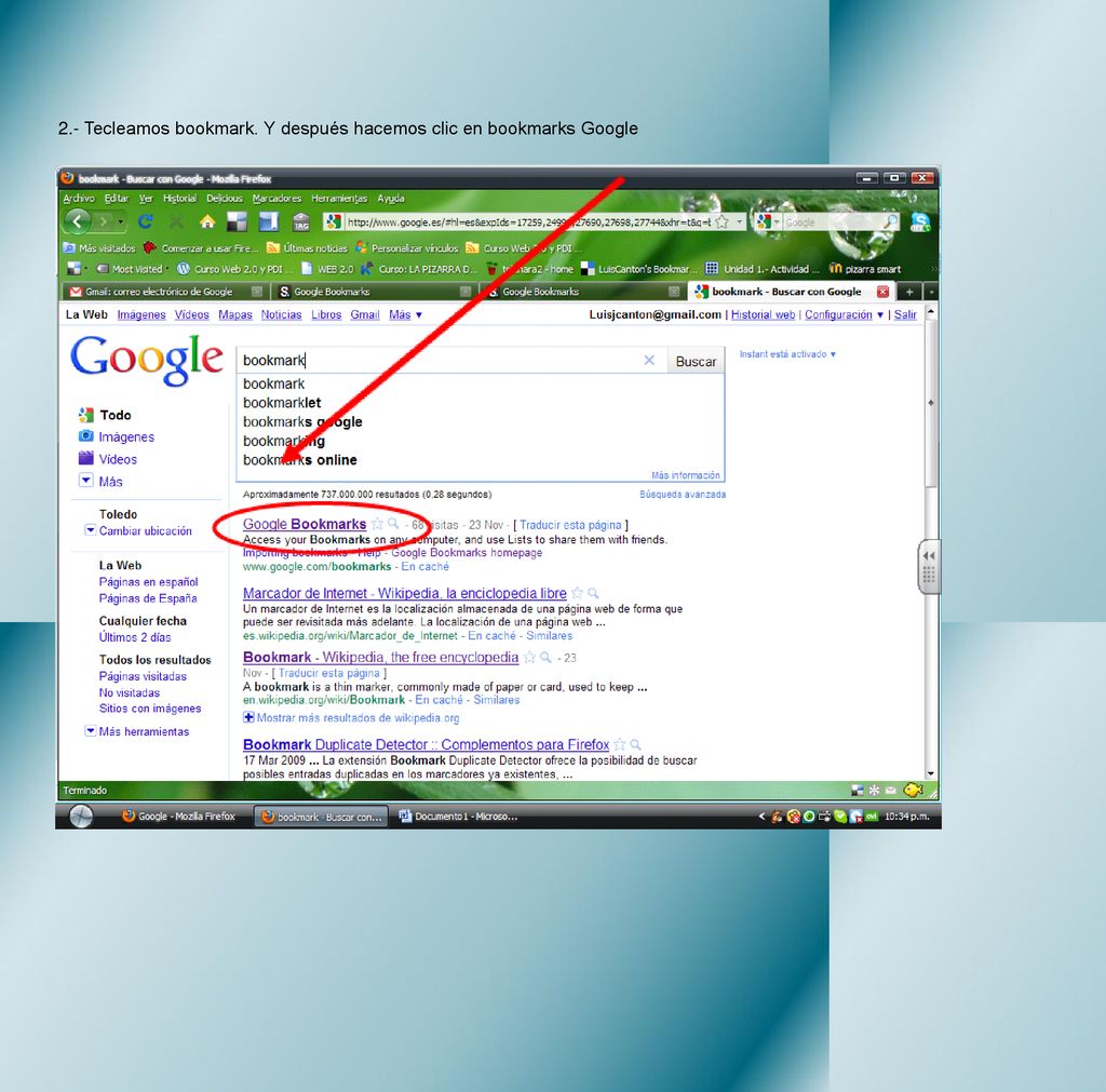 2.- Tecleamos bookmark. Y después hacemos clic en bookmarks Google