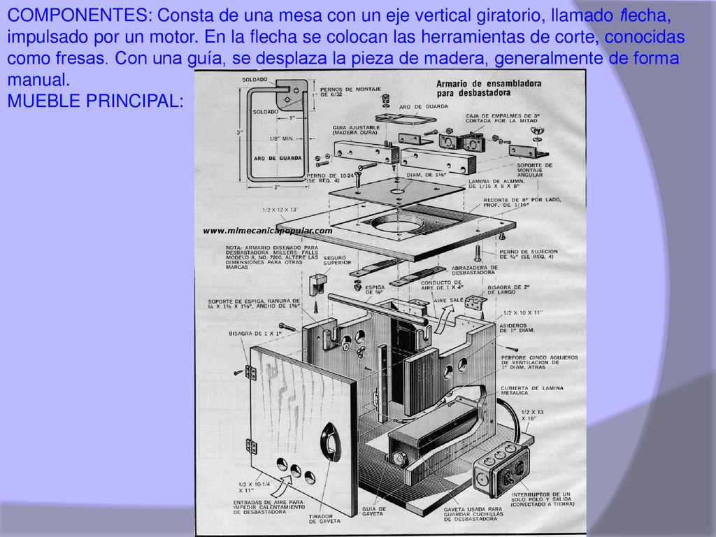 COMPONENTES: Consta de una mesa con un eje vertical giratorio, llamado flecha, impulsado por un motor. En la flecha se colocan las herramientas de corte, conocidas como fresas. Con una guía, se desplaza la pieza de madera, generalmente de forma manual.