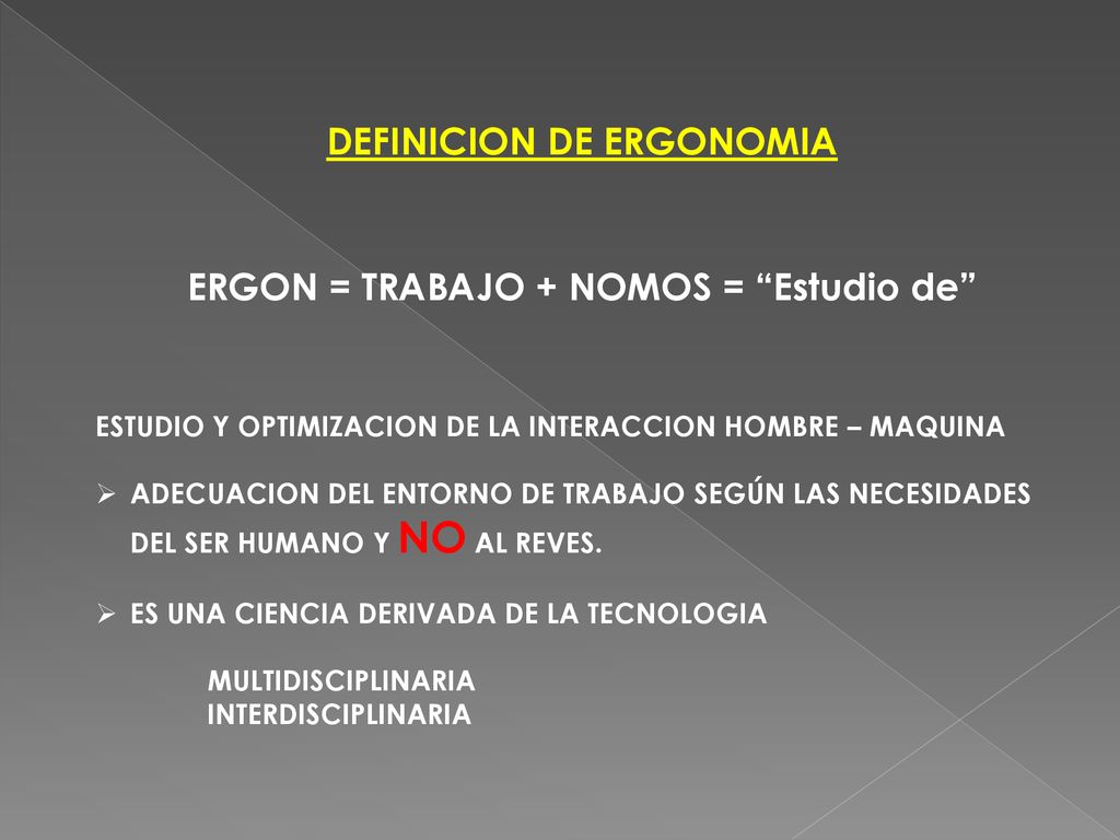 DEFINICION DE ERGONOMIA ERGON = TRABAJO + NOMOS = Estudio de