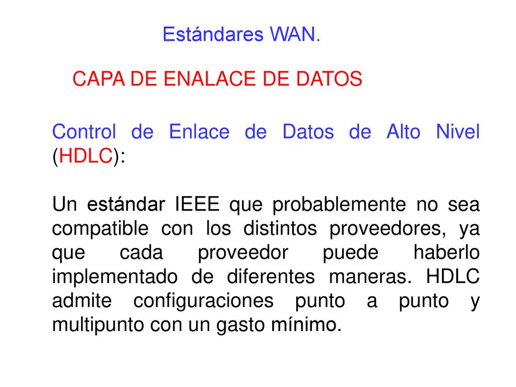 Estándares WAN. CAPA DE ENALACE DE DATOS. Control de Enlace de Datos de Alto Nivel (HDLC):