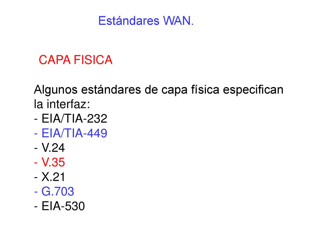 Estándares WAN. CAPA FISICA. Algunos estándares de capa física especifican la interfaz: - EIA/TIA-232.
