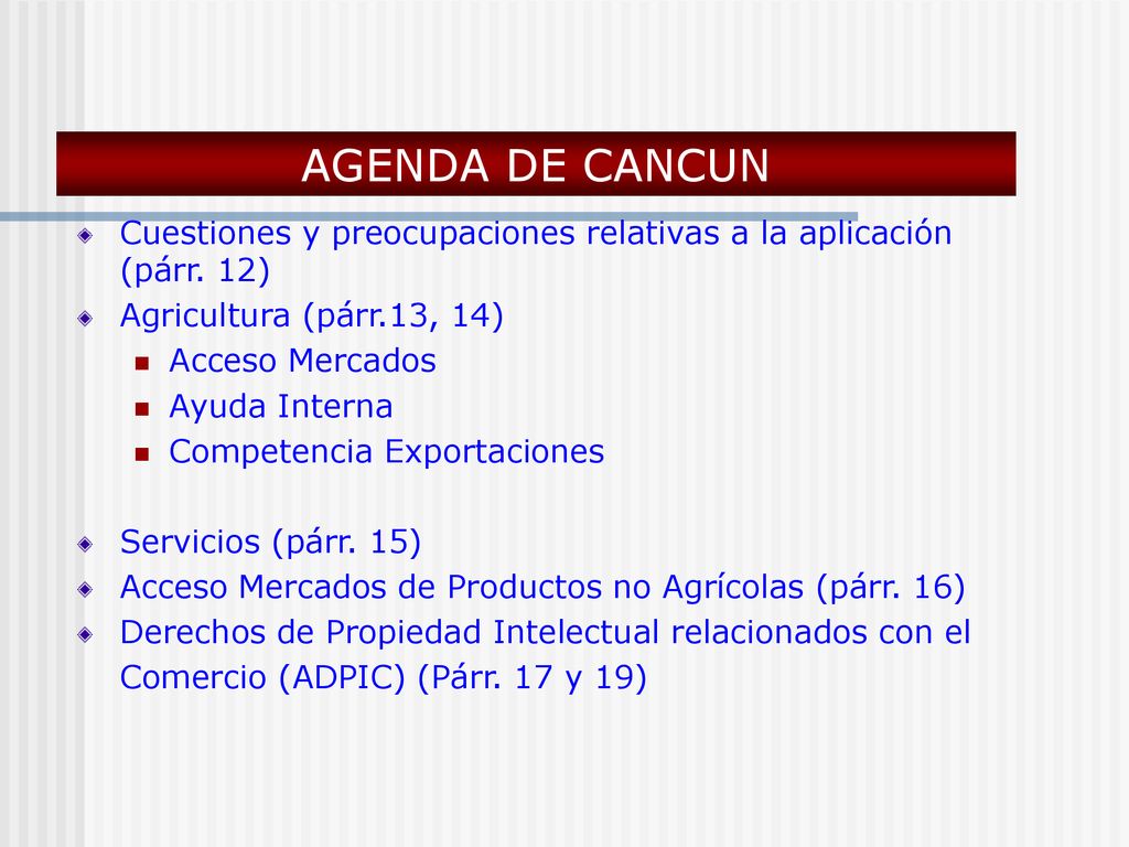 AGENDA DE CANCUN Cuestiones y preocupaciones relativas a la aplicación (párr. 12) Agricultura (párr.13, 14)