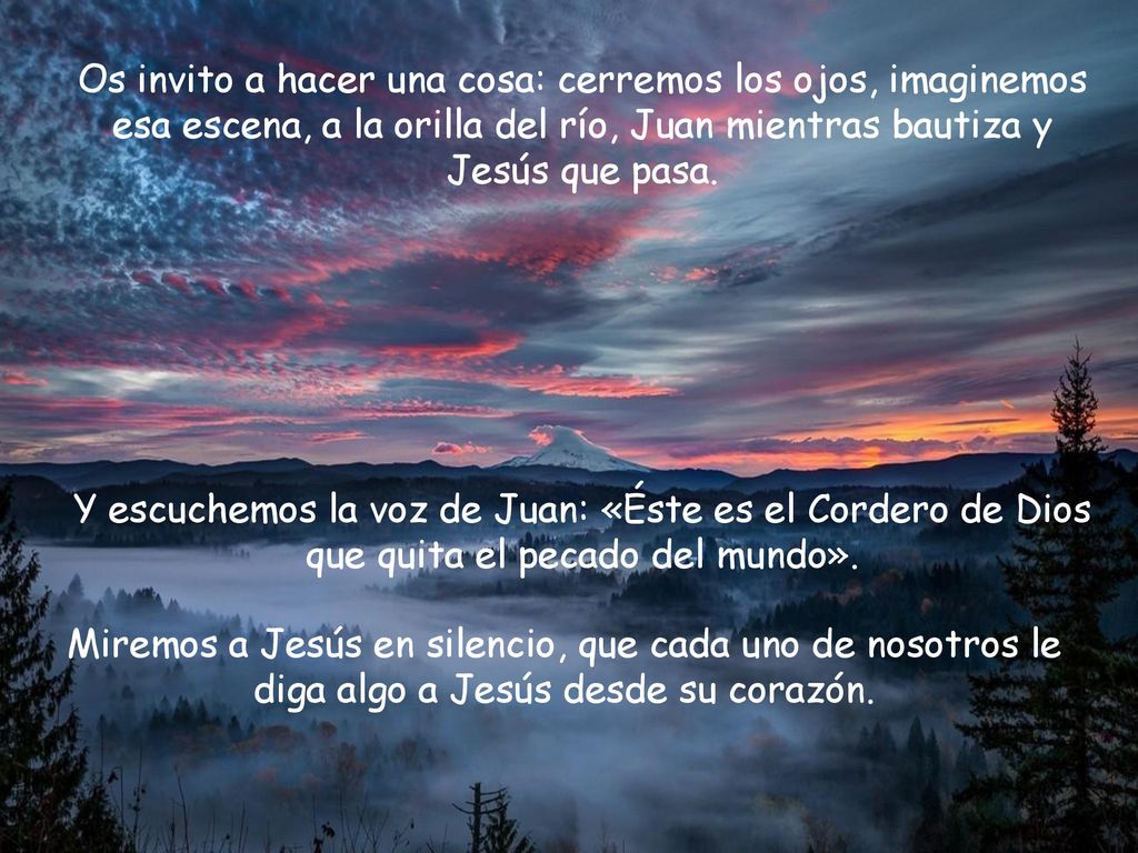 Os invito a hacer una cosa: cerremos los ojos, imaginemos esa escena, a la orilla del río, Juan mientras bautiza y Jesús que pasa.