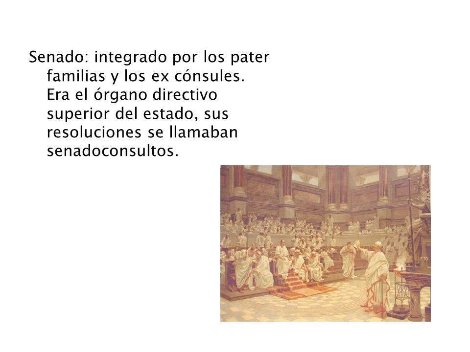 Senado: integrado por los pater familias y los ex cónsules