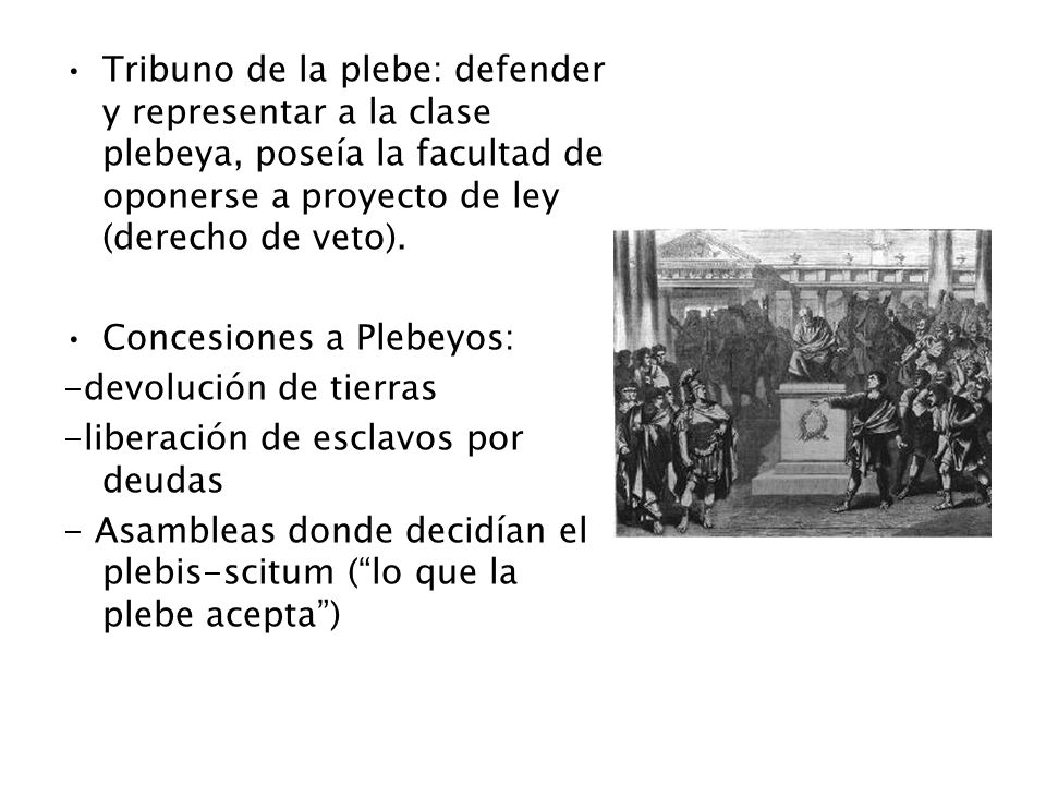Tribuno de la plebe: defender y representar a la clase plebeya, poseía la facultad de oponerse a proyecto de ley (derecho de veto).