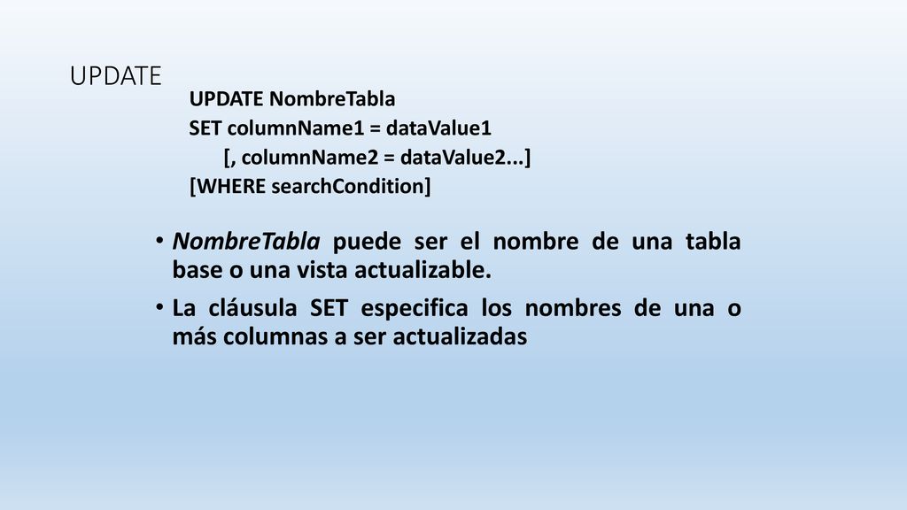 UPDATE UPDATE NombreTabla. SET columnName1 = dataValue1. [, columnName2 = dataValue2...] [WHERE searchCondition]