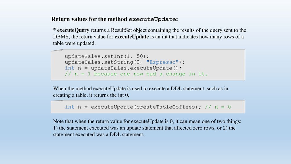 Return values for the method executeUpdate: