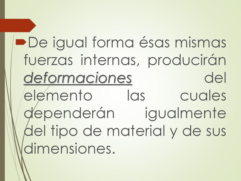 De igual forma ésas mismas fuerzas internas, producirán deformaciones del elemento las cuales dependerán igualmente del tipo de material y de sus dimensiones.