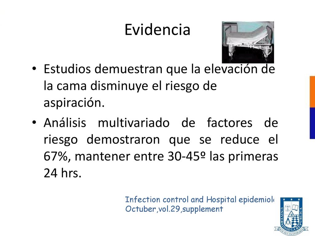 Evidencia Estudios demuestran que la elevación de la cama disminuye el riesgo de aspiración.