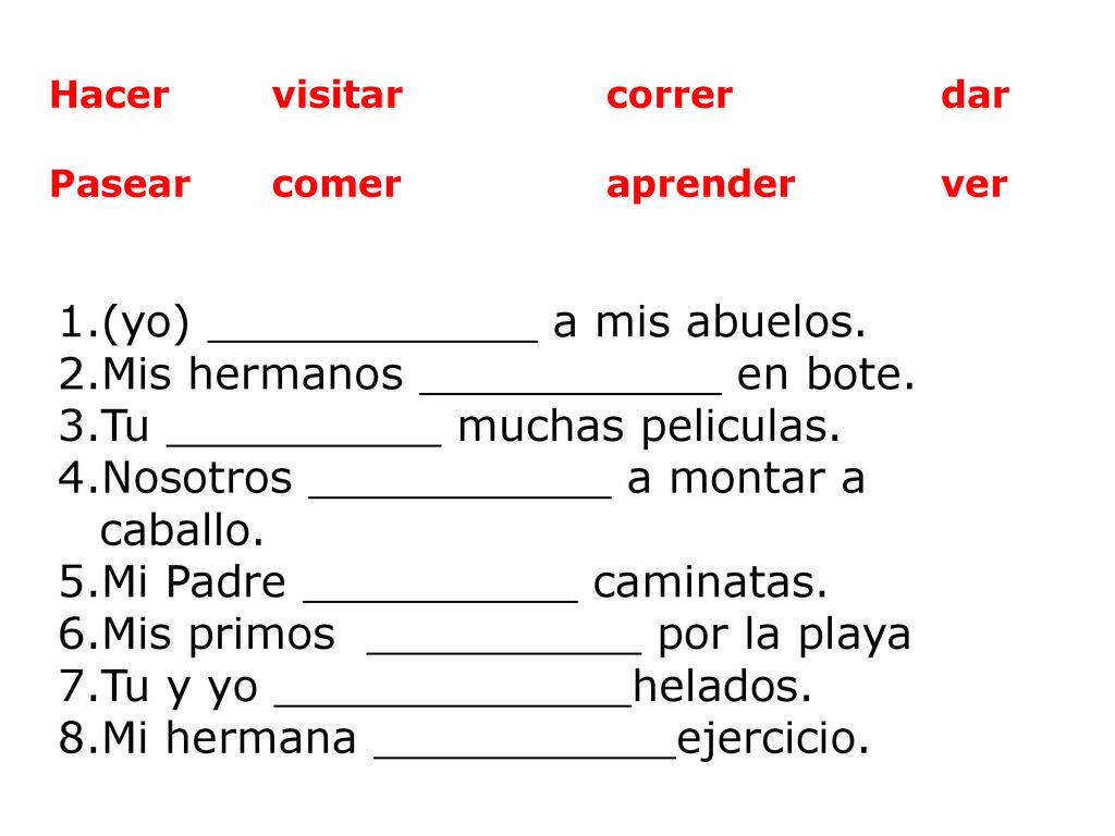(yo) ____________ a mis abuelos. Mis hermanos ___________ en bote.