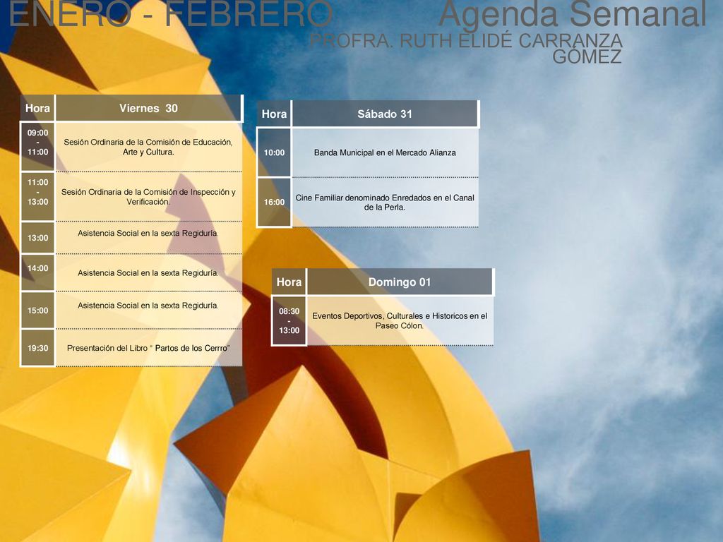 Agenda Semanal ENERO - FEBRERO PROFRA. RUTH ELIDÉ CARRANZA GÓMEZ