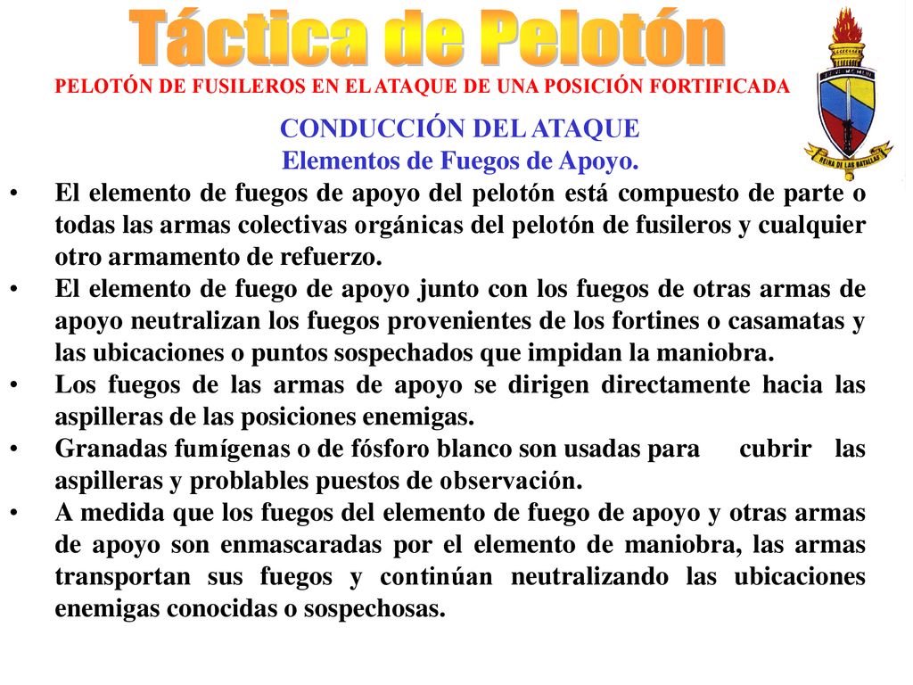 Táctica de Pelotón CONDUCCIÓN DEL ATAQUE Elementos de Fuegos de Apoyo.