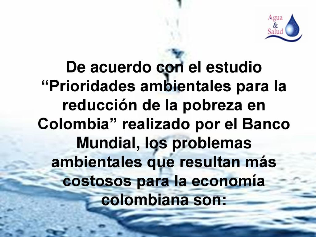 De acuerdo con el estudio Prioridades ambientales para la reducción de la pobreza en Colombia realizado por el Banco Mundial, los problemas ambientales que resultan más costosos para la economía colombiana son: