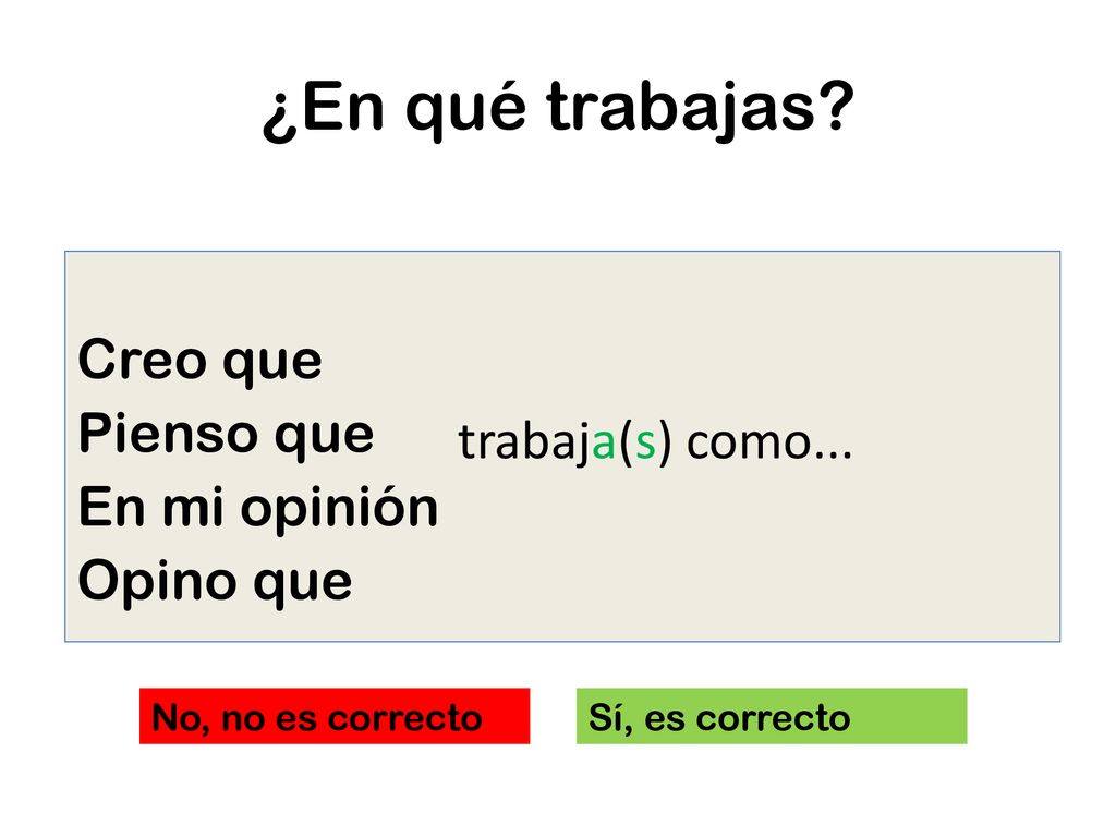¿En qué trabajas Creo que Pienso que En mi opinión Opino que