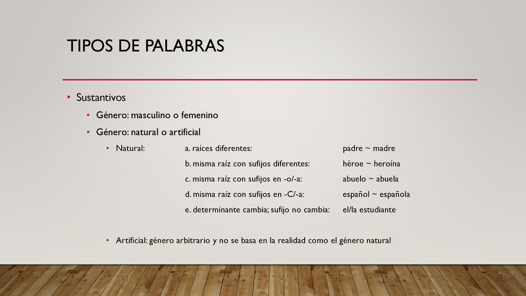 Tipos de palabras Sustantivos Género: masculino o femenino
