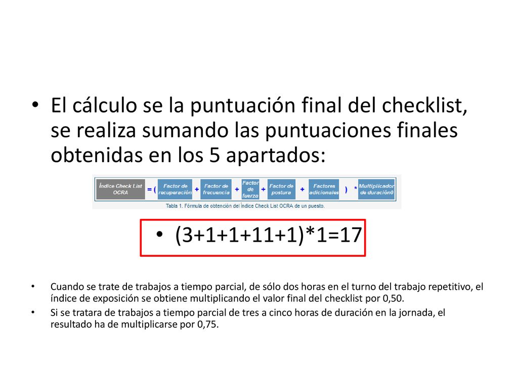 El cálculo se la puntuación final del checklist, se realiza sumando las puntuaciones finales obtenidas en los 5 apartados: