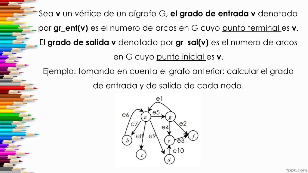 Sea v un vértice de un dígrafo G, el grado de entrada v denotada por gr_ent(v) es el numero de arcos en G cuyo punto terminal es v.