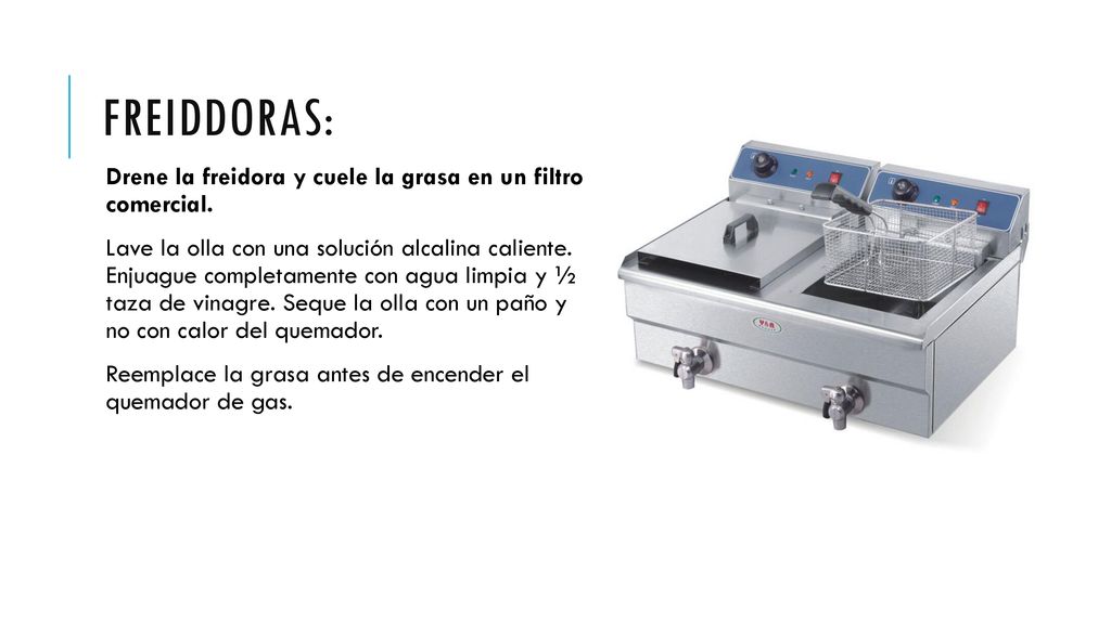 FREIDDORAS: Drene la freidora y cuele la grasa en un filtro comercial.