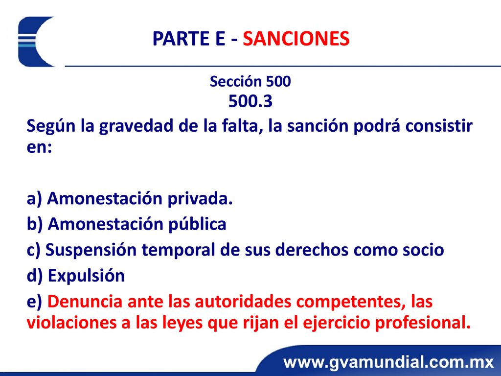 PARTE E - SANCIONES Sección Según la gravedad de la falta, la sanción podrá consistir en:
