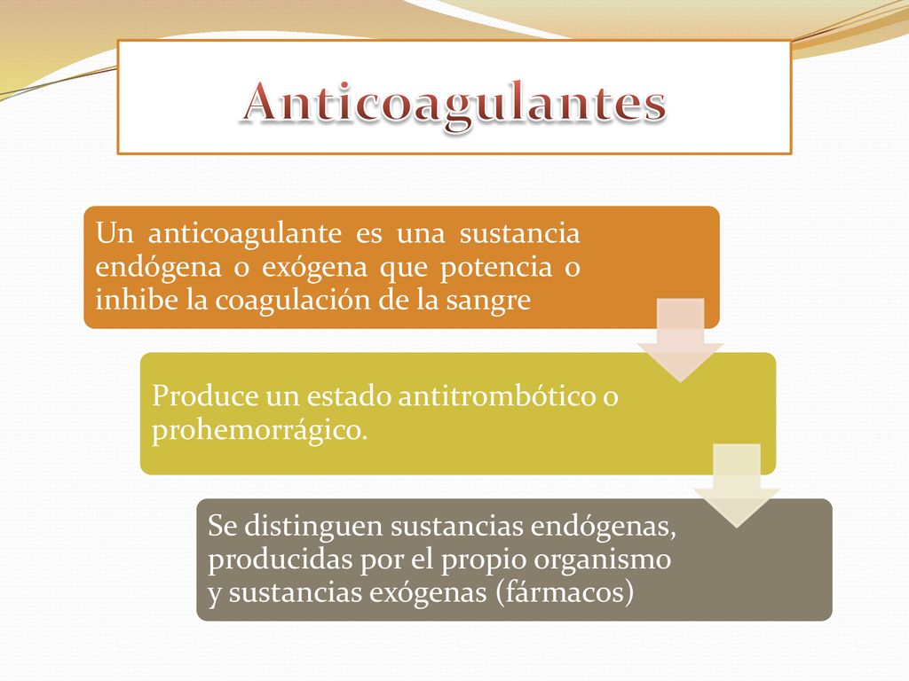 Anticoagulantes Un anticoagulante es una sustancia endógena o exógena que potencia o inhibe la coagulación de la sangre.