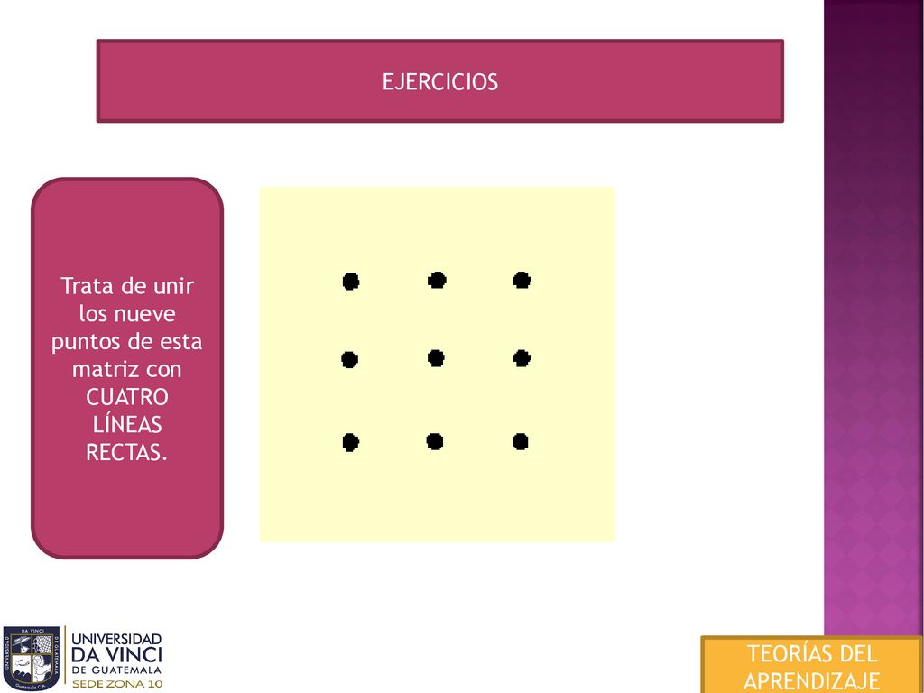 EJERCICIOS Trata de unir los nueve puntos de esta matriz con CUATRO LÍNEAS RECTAS.