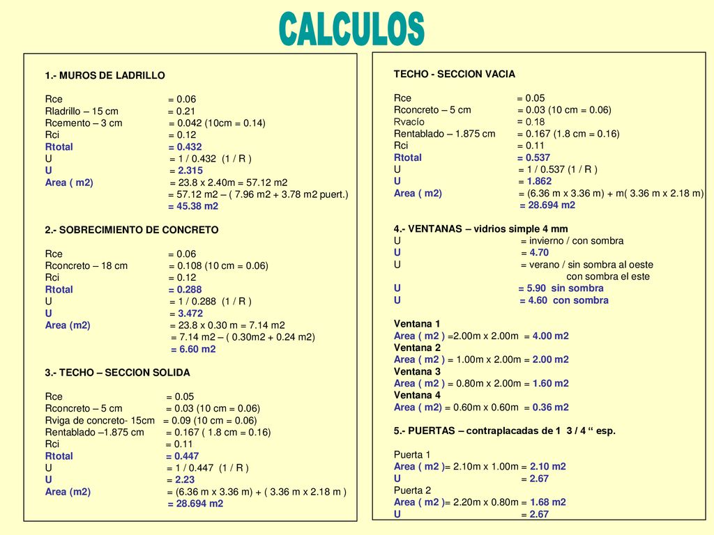 CALCULOS 1.- MUROS DE LADRILLO TECHO - SECCION VACIA Rce = 0.06