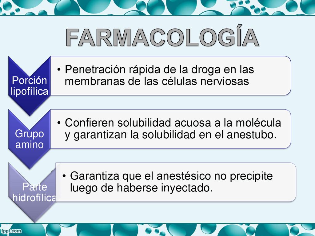 FARMACOLOGÍA Porción lipofílica. Penetración rápida de la droga en las membranas de las células nerviosas.
