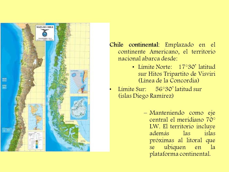 Chile continental: Emplazado en el continente Americano, el territorio nacional abarca desde: