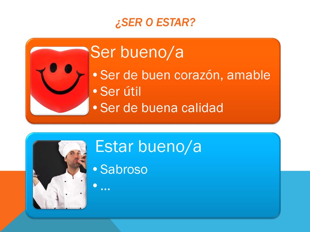 Ser bueno/a Estar bueno/a Ser de buen corazón, amable Ser útil