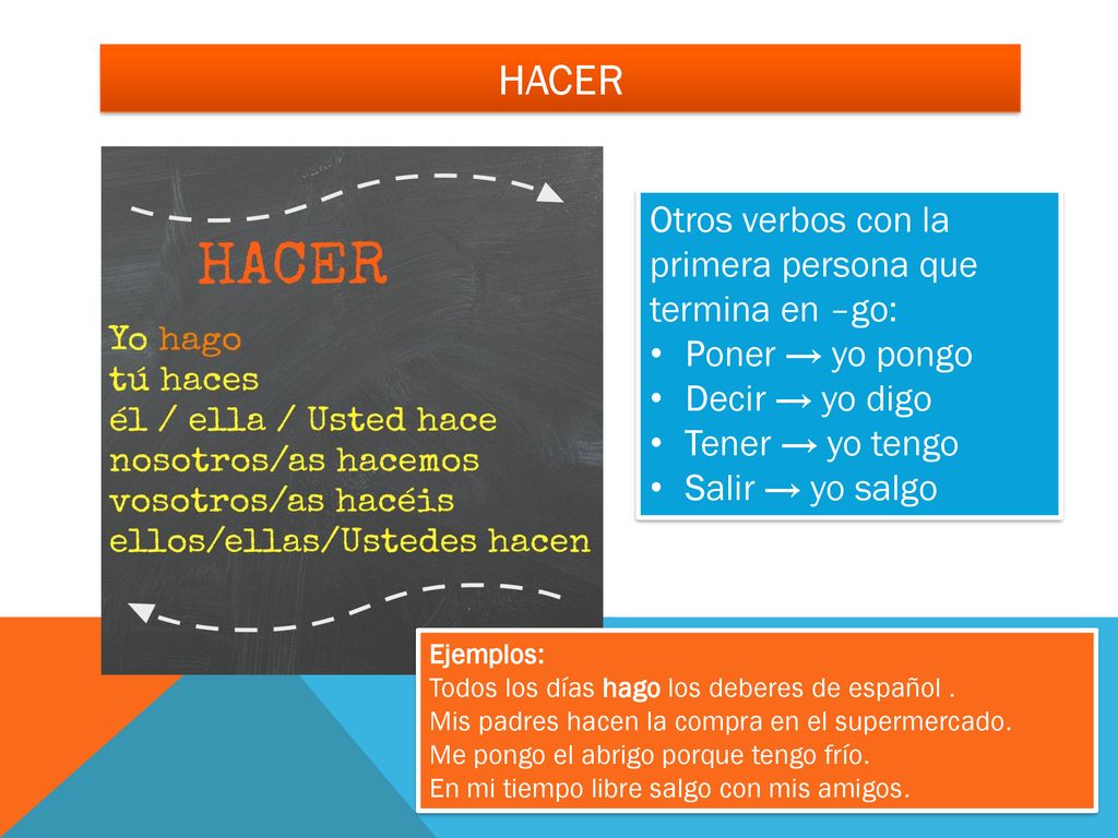 HACER Otros verbos con la primera persona que termina en –go: