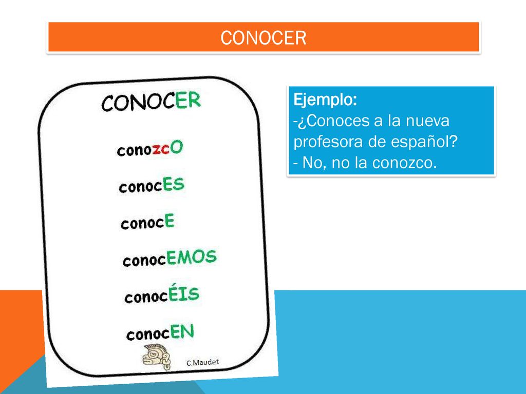 Conocer Ejemplo: -¿Conoces a la nueva profesora de español
