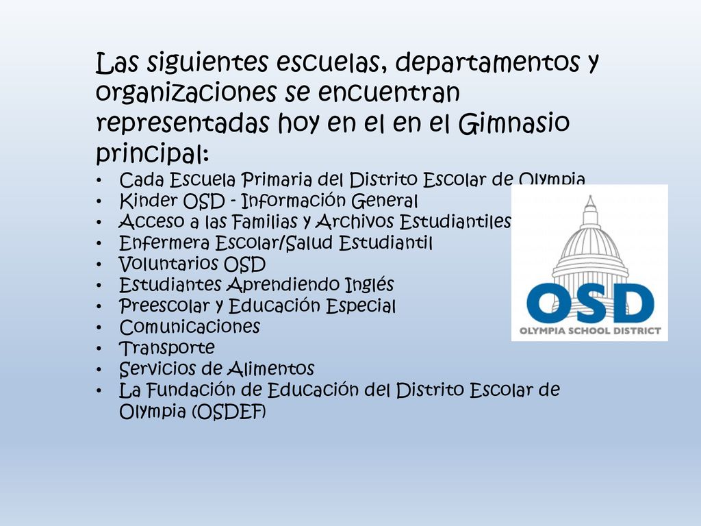 Las siguientes escuelas, departamentos y organizaciones se encuentran representadas hoy en el en el Gimnasio principal: