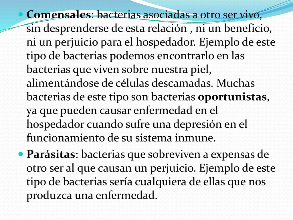 Comensales: bacterias asociadas a otro ser vivo, sin desprenderse de esta relación , ni un beneficio, ni un perjuicio para el hospedador. Ejemplo de este tipo de bacterias podemos encontrarlo en las bacterias que viven sobre nuestra piel, alimentándose de células descamadas. Muchas bacterias de este tipo son bacterias oportunistas, ya que pueden causar enfermedad en el hospedador cuando sufre una depresión en el funcionamiento de su sistema inmune.