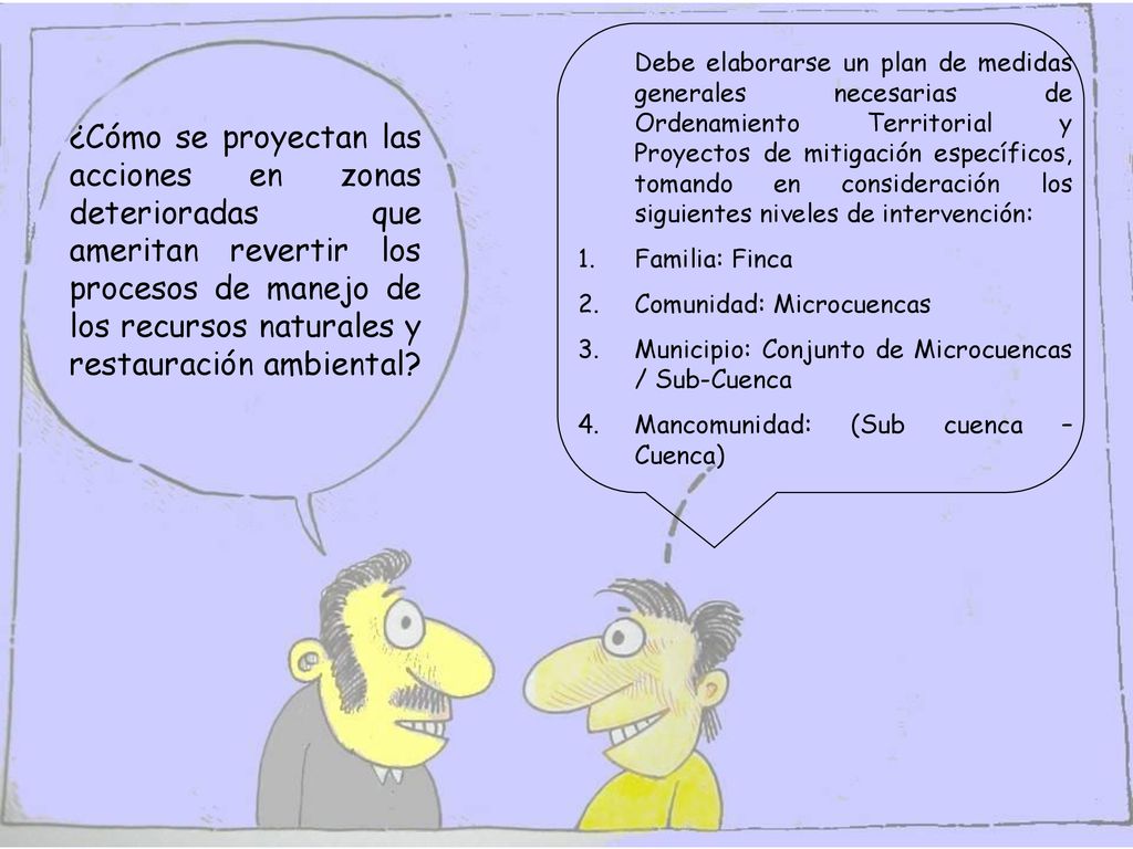 Debe elaborarse un plan de medidas generales necesarias de Ordenamiento Territorial y Proyectos de mitigación específicos, tomando en consideración los siguientes niveles de intervención: