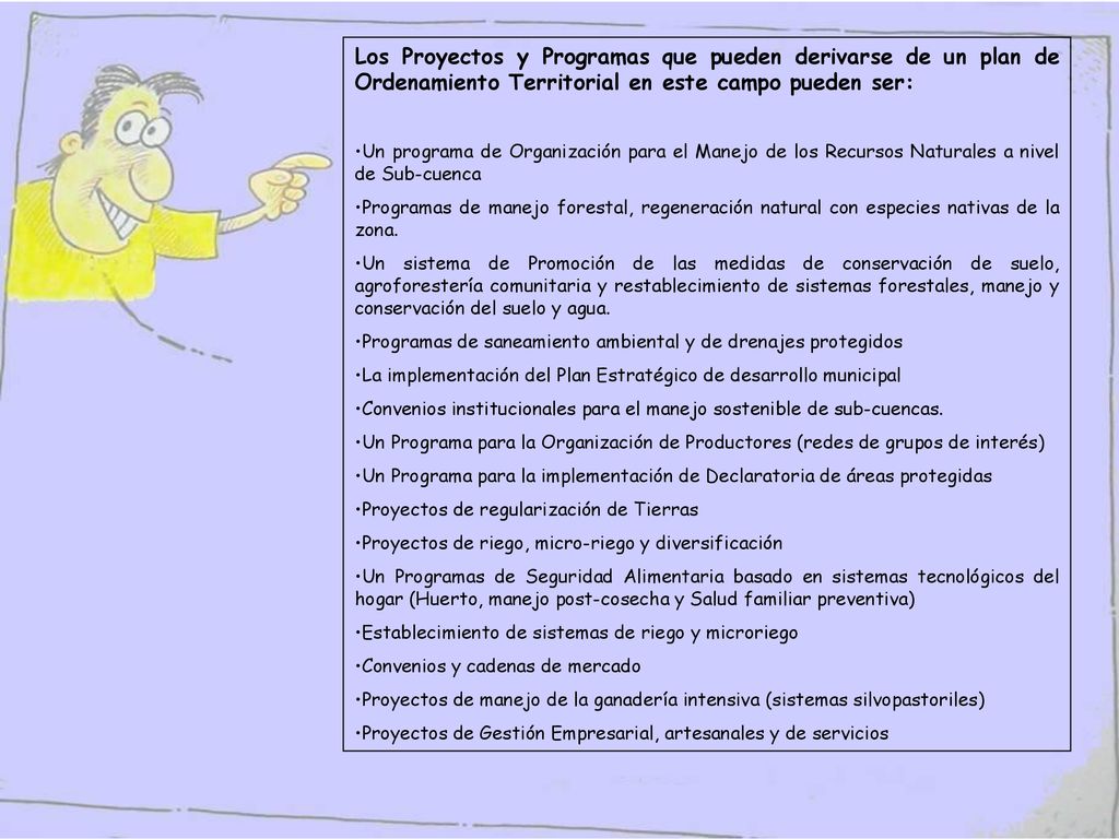 Los Proyectos y Programas que pueden derivarse de un plan de Ordenamiento Territorial en este campo pueden ser: