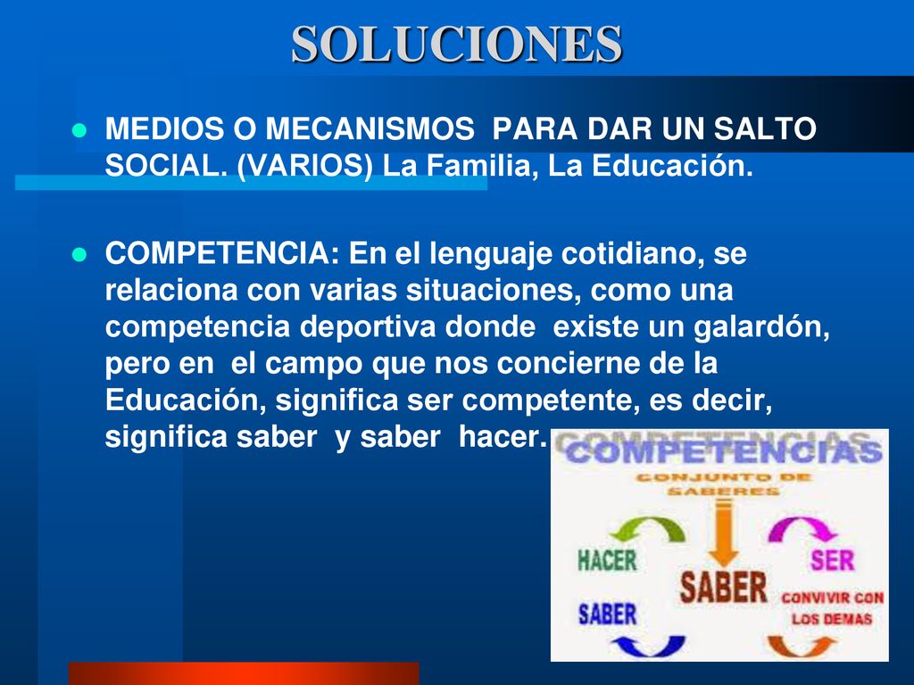 SOLUCIONES MEDIOS O MECANISMOS PARA DAR UN SALTO SOCIAL. (VARIOS) La Familia, La Educación.