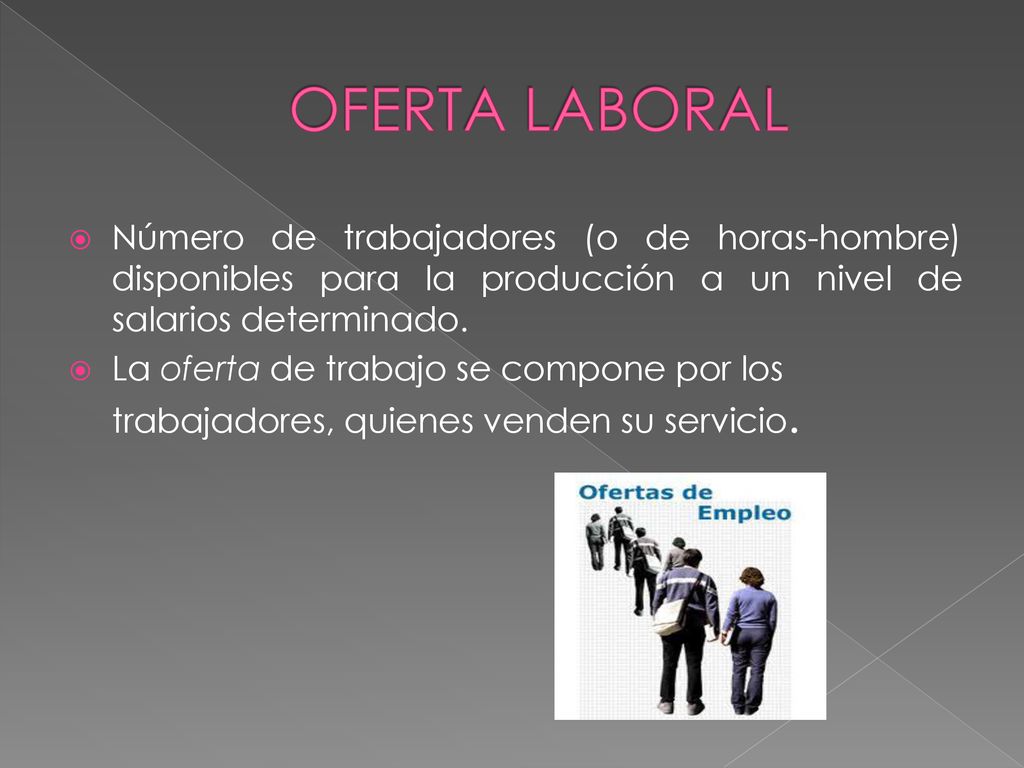 OFERTA LABORAL Número de trabajadores (o de horas-hombre) disponibles para la producción a un nivel de salarios determinado.