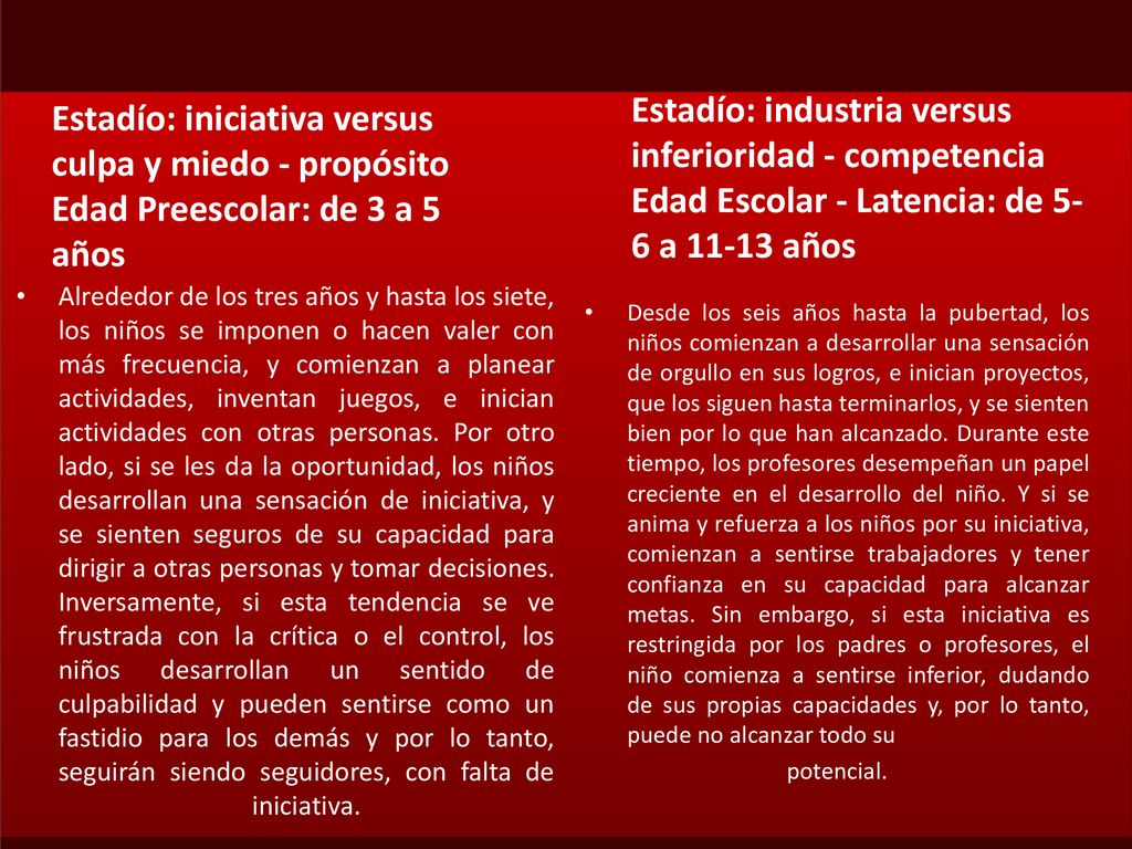 Estadío: industria versus inferioridad - competencia Edad Escolar - Latencia: de 5-6 a años